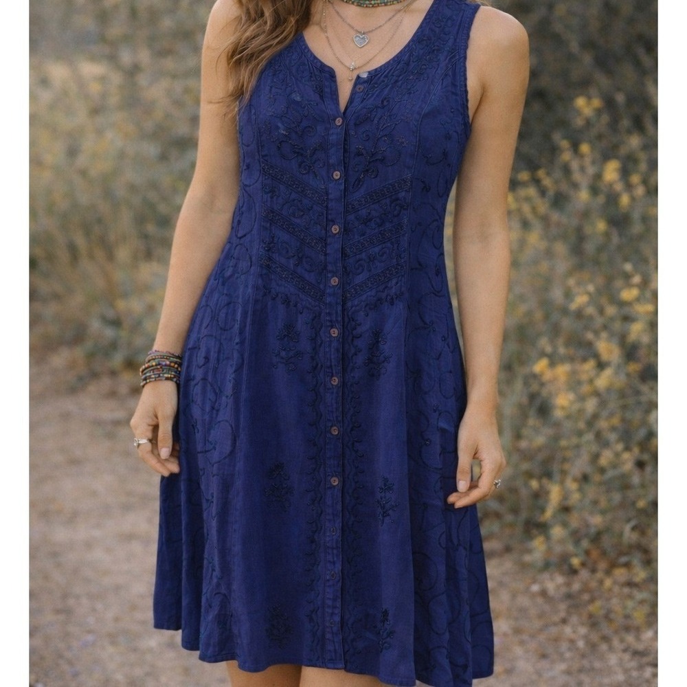 Expressions Tank Swing‎ Dress NAVY BLUE Embroidered Button Up Sleeveless Size M